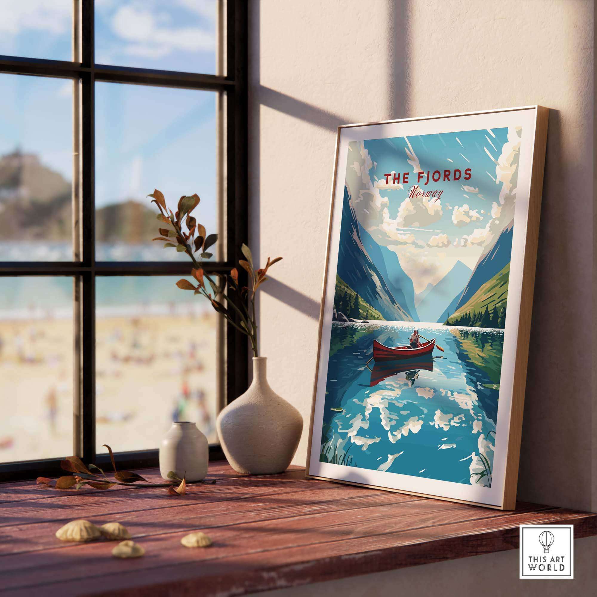Fjords Wall Art Norway displayed on a wooden table near a window, featuring a serene landscape and a boat on water.
