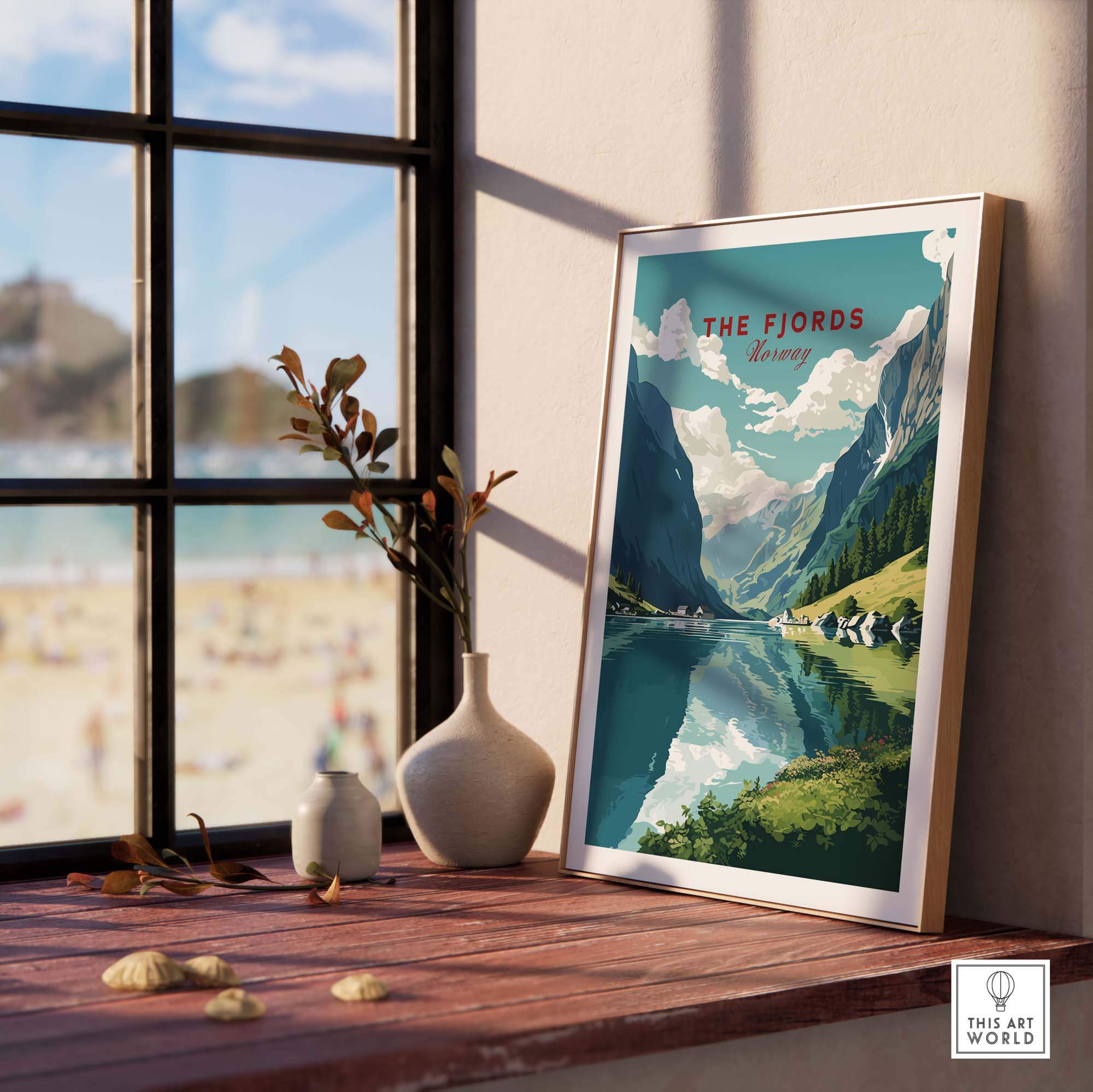 The Fjords in Norway depicted in this framed travel poster shown framed in Natural wood frame and resting in a windowsill in the sunlight.