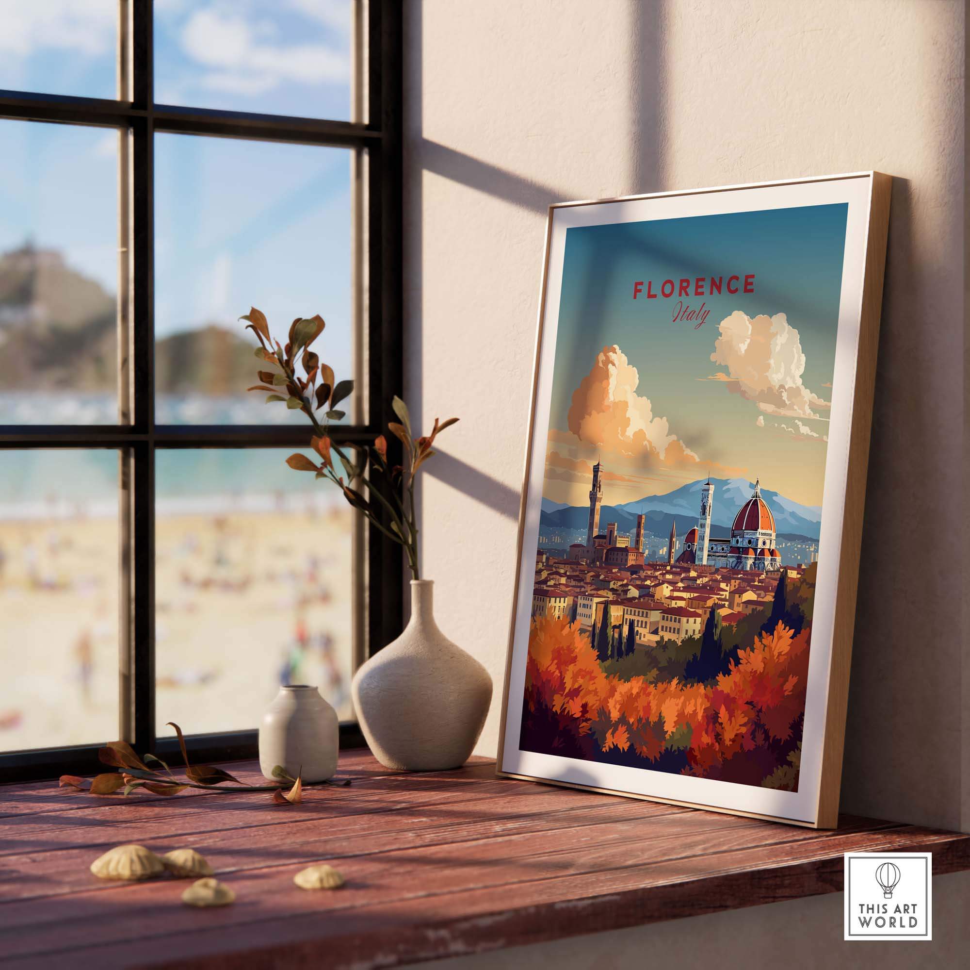 Vintage Florence Italy art print featuring Cathedral of Santa Maria del Fiore and Tuscan landscape, perfect for home decor.
