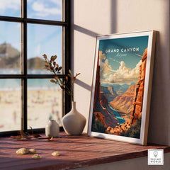 Grand Canyon poster displayed on a windowsill, showcasing Arizona's natural beauty in vibrant colors and artistic design.