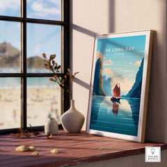 Ha Long Bay poster featuring a Junk Boat sailing through turquoise waters, perfect for home decor and travel inspiration.