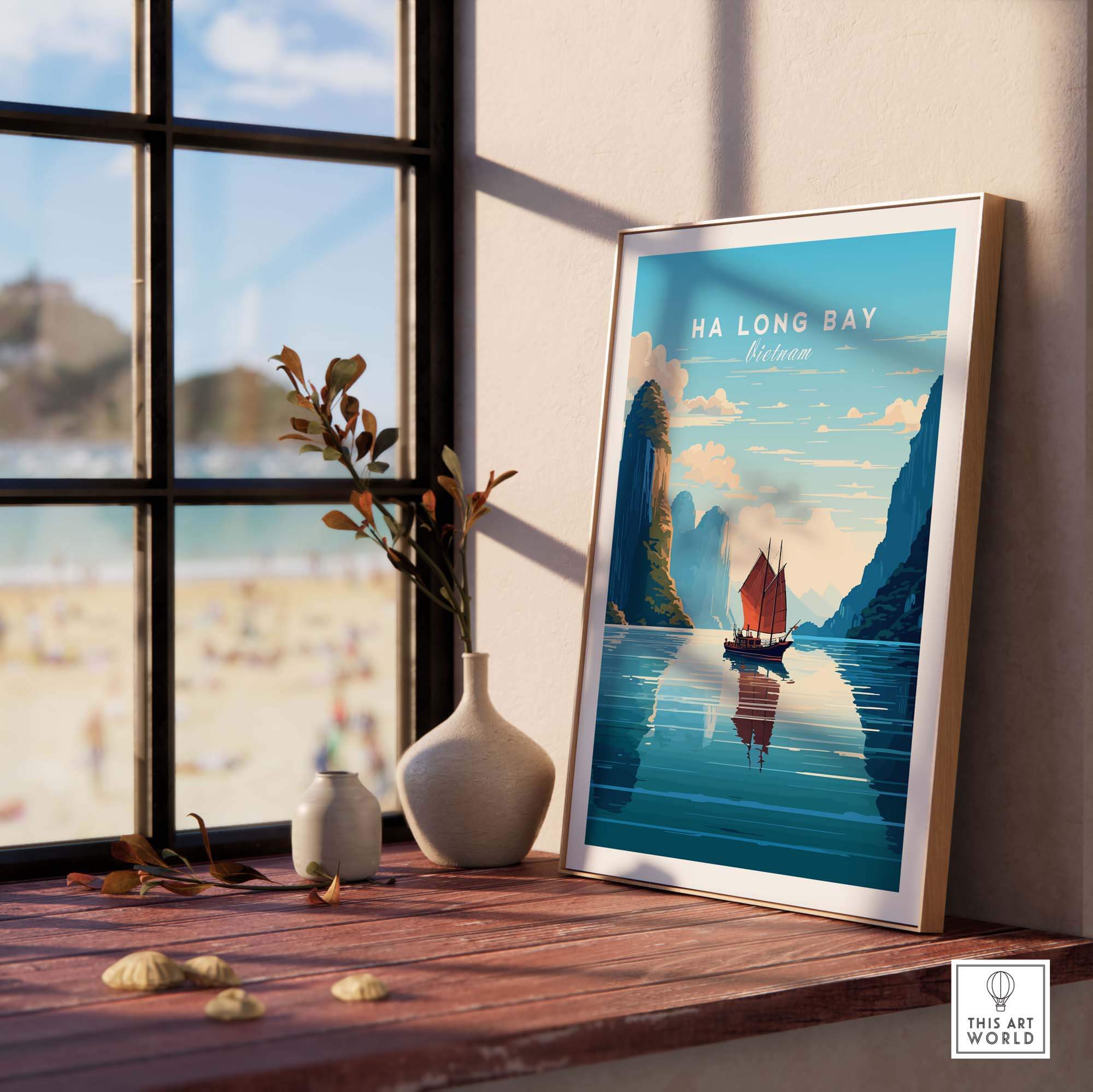 Ha Long Bay poster featuring a Junk Boat sailing through turquoise waters, perfect for home decor and travel inspiration.