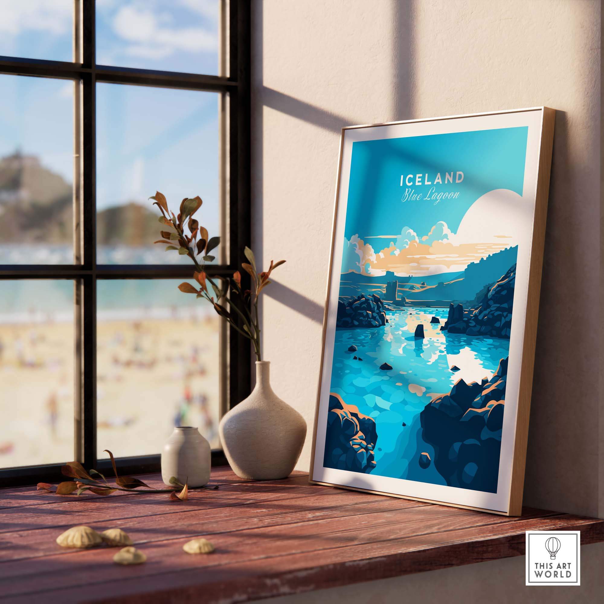 Blue Lagoon Iceland poster displayed by a window, featuring vibrant blue artwork showcasing Iceland's natural beauty.