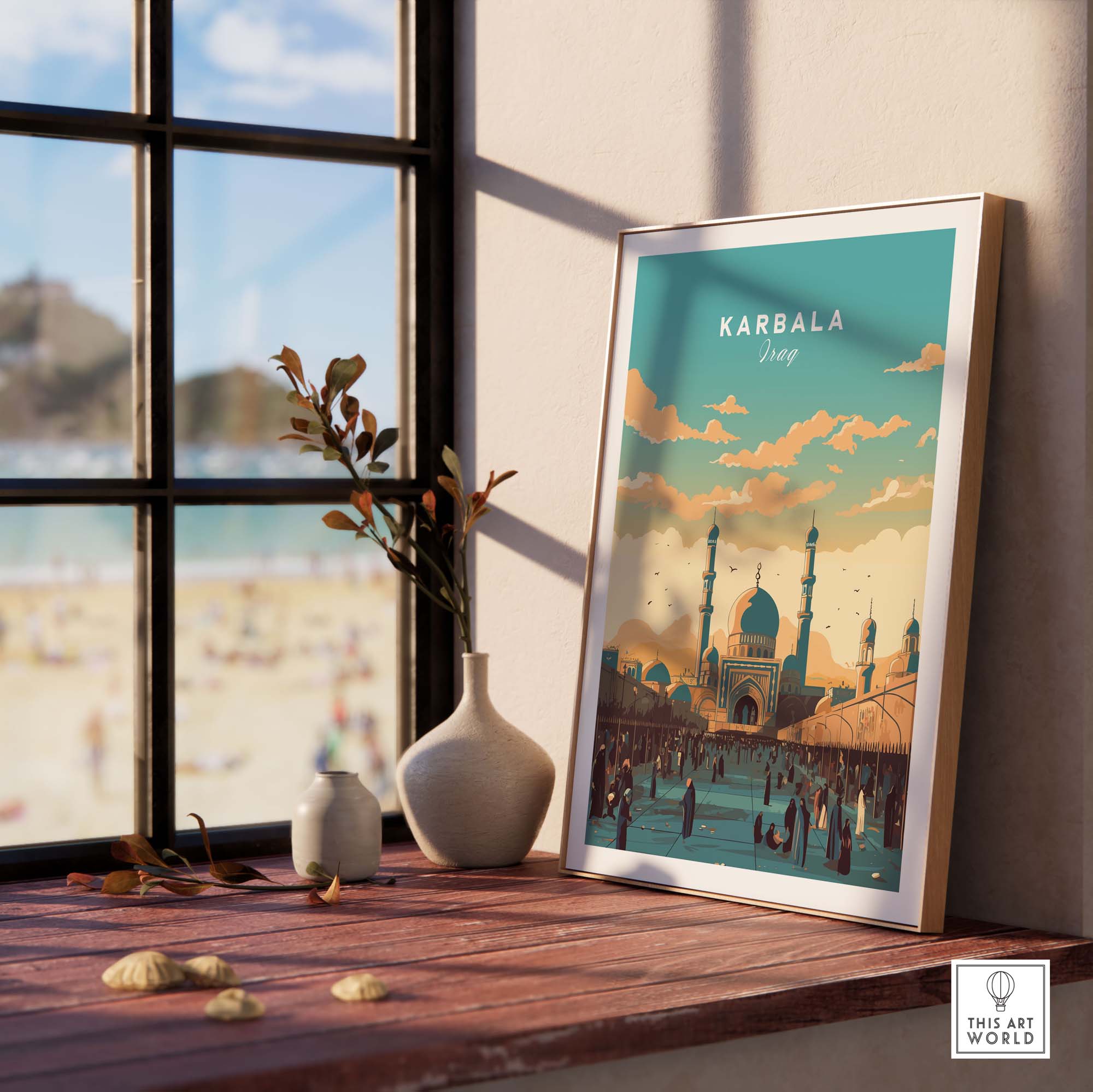 Karbala Iraq travel poster print showcasing the vibrant city, perfect for home decor and inspiration.