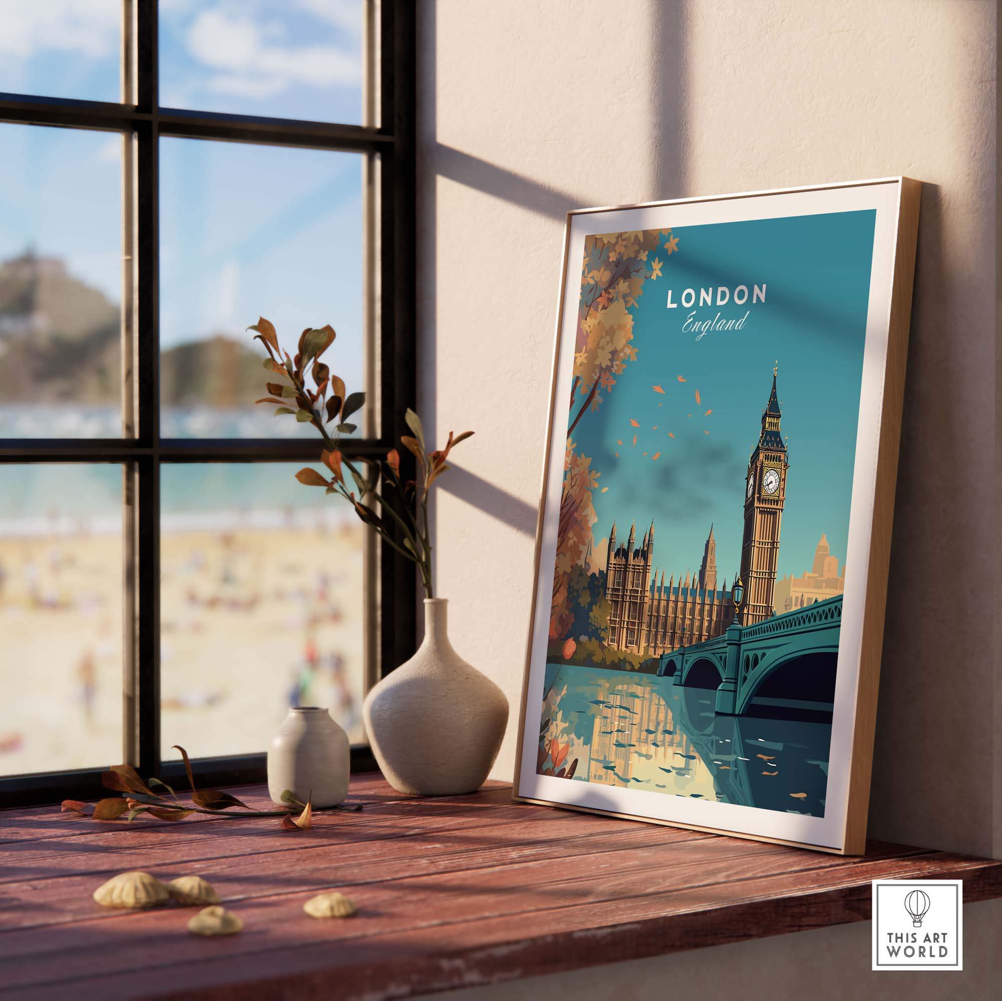 London wall art print featuring Big Ben and iconic landmarks, displayed in a stylish home setting.