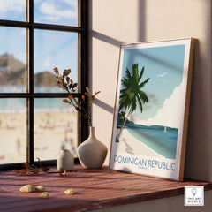Dominican Republic Wall Art Print featuring a vibrant beach scene with palm trees, perfect for home decor and gallery walls.