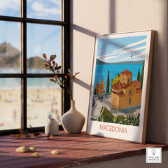Macedonia wall art print showcasing a serene coastal scene and historic architecture, perfect for home or office decor.
