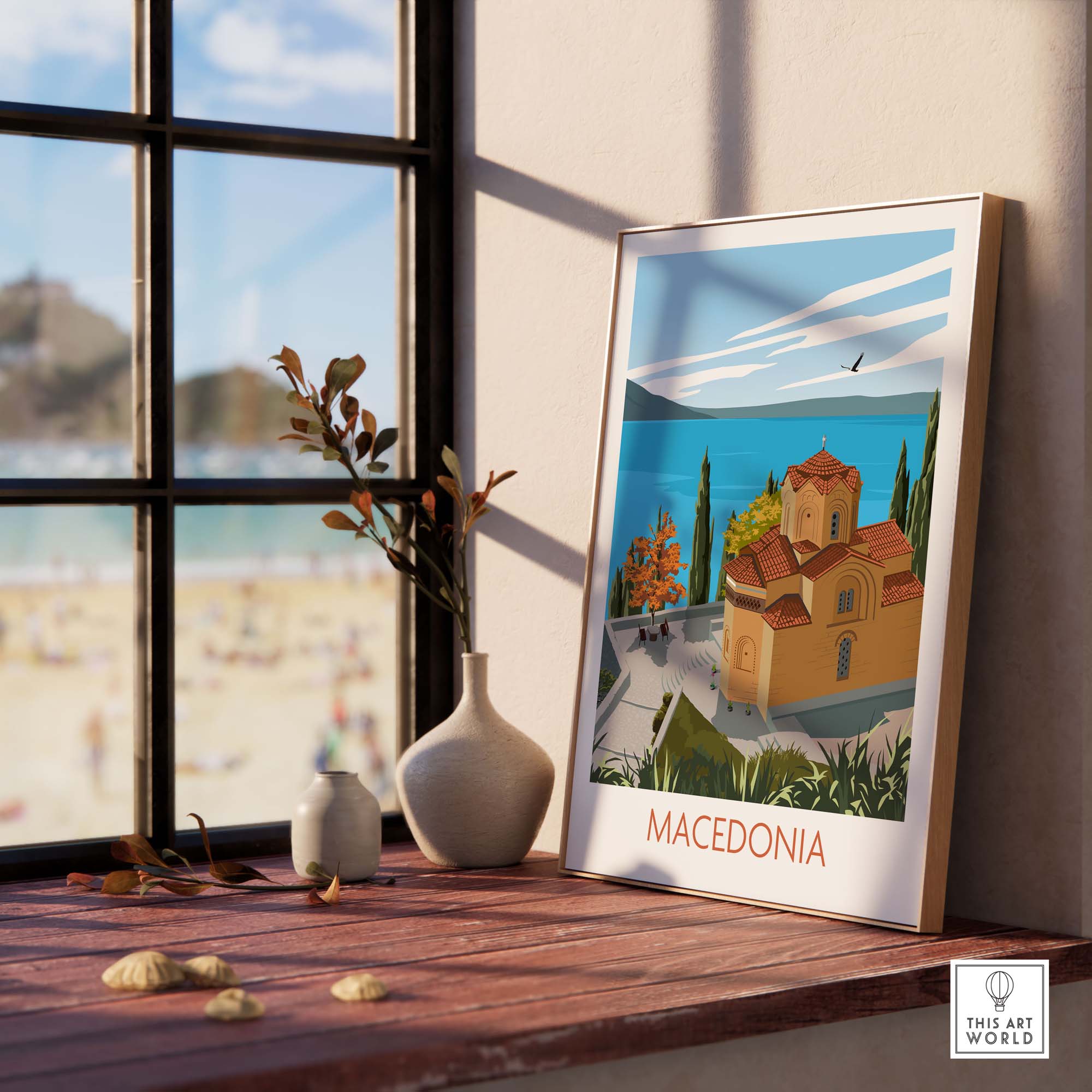 Macedonia wall art print showcasing a serene coastal scene and historic architecture, perfect for home or office decor.