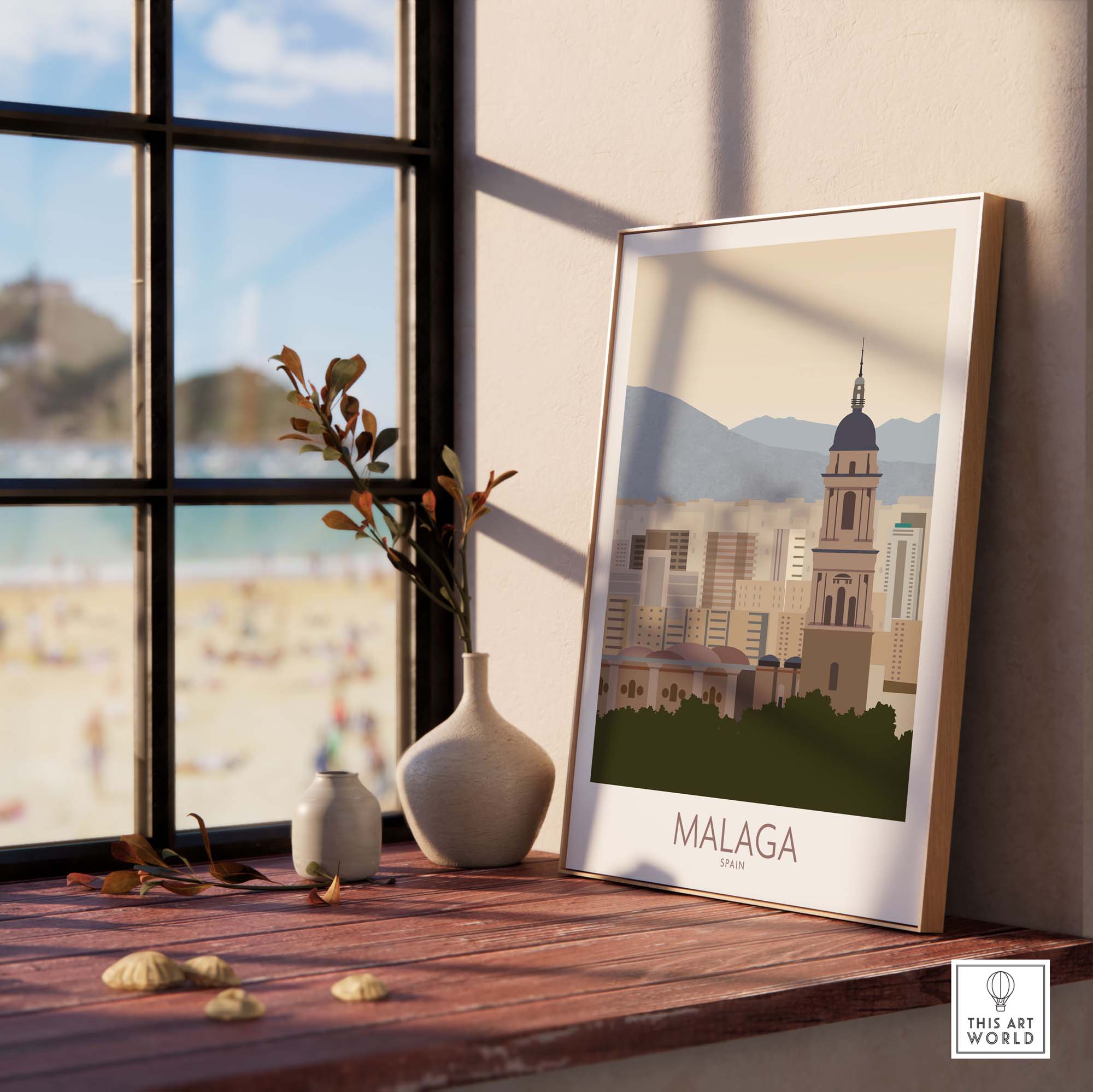 Malaga Wall Art Print showcasing a vibrant beach scene, perfect for home decor and travel enthusiasts.