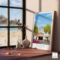 Palo Alto Wall Art Print featuring the iconic Palo Alto Theatre, framed by a stylish windowsill decor.