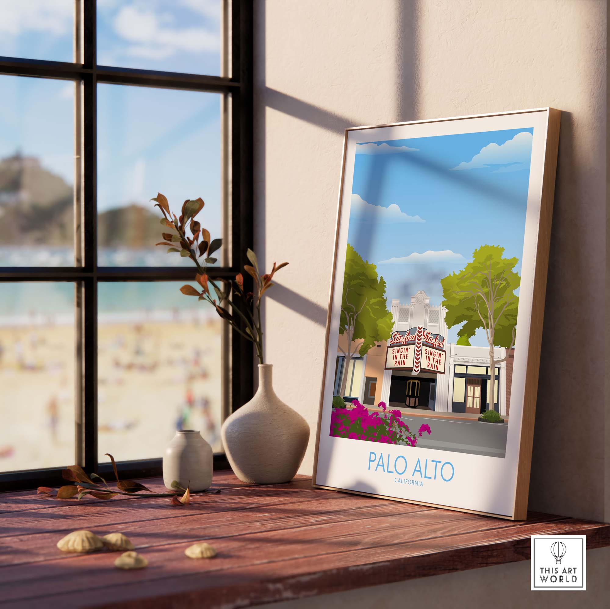 Palo Alto Wall Art Print featuring the iconic Palo Alto Theatre, framed by a stylish windowsill decor.