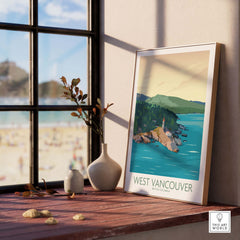 West Vancouver wall art print featuring a lighthouse and lush nature in British Columbia, displayed indoors.