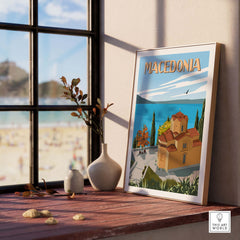 Macedonia travel poster print showcasing vibrant landscapes and architecture, perfect for stylish wall art.