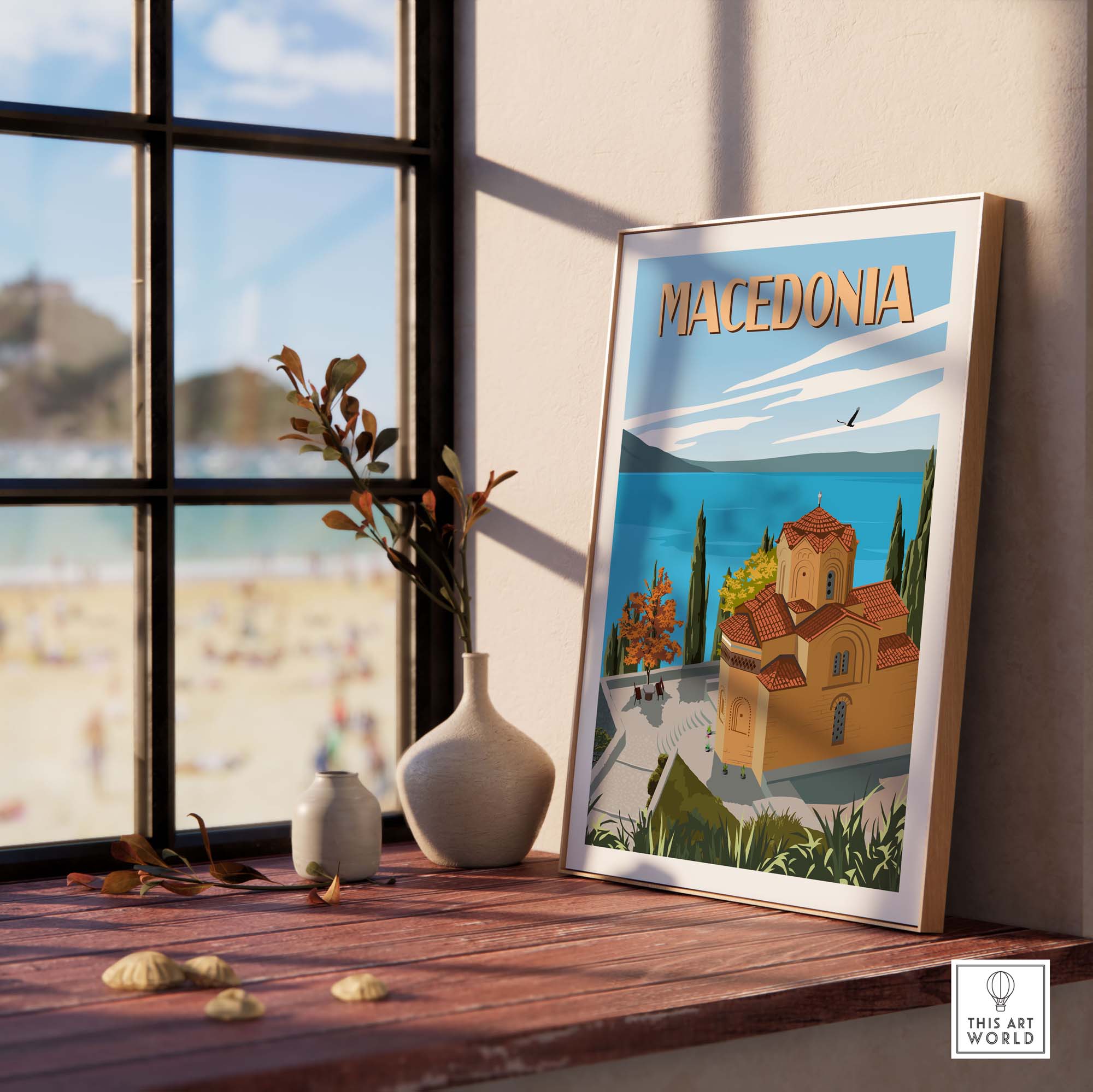 Macedonia travel poster print showcasing vibrant landscapes and architecture, perfect for stylish wall art.