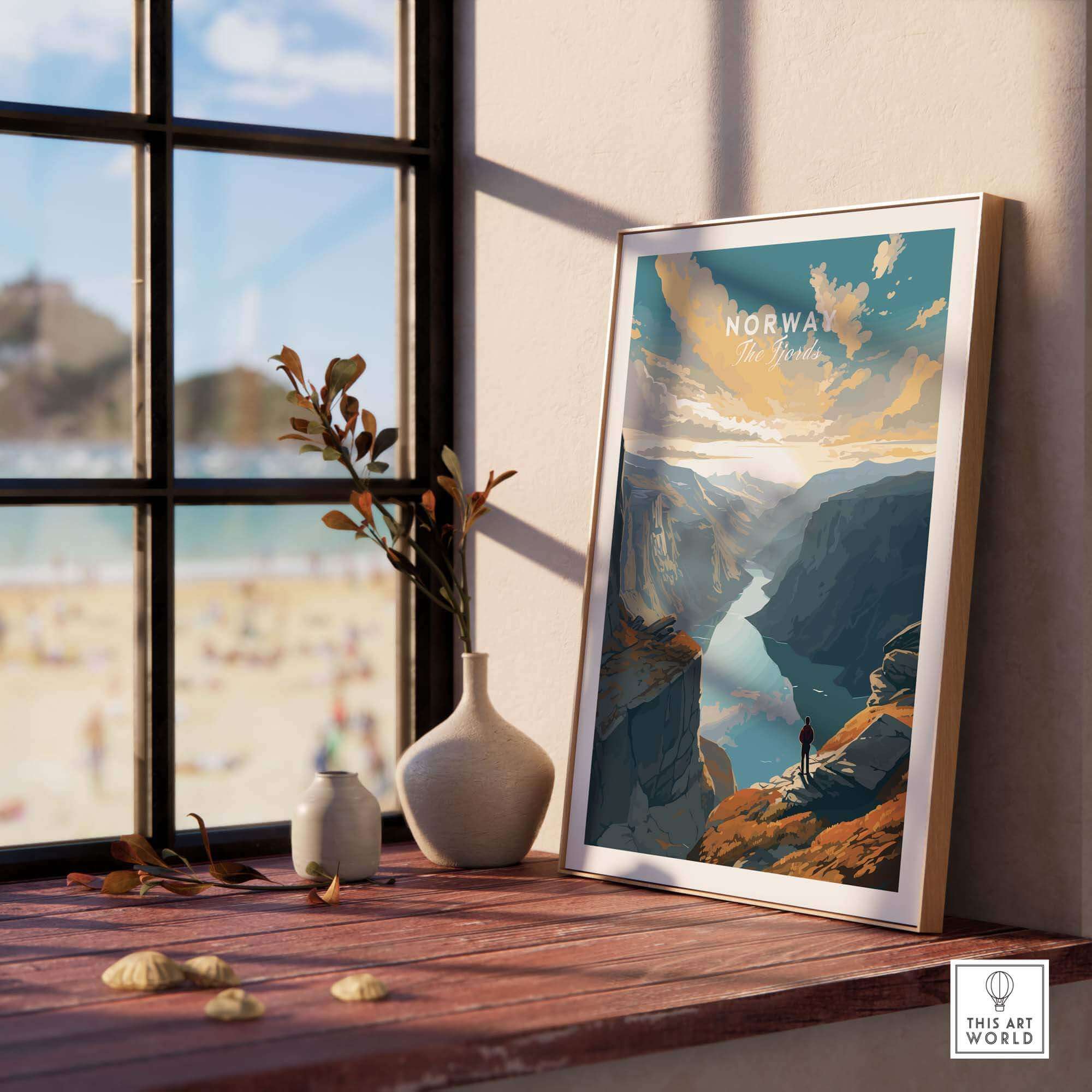 Fjord Wall Art Print showcasing Norwegian scenery by the window, adding style to home decor.
