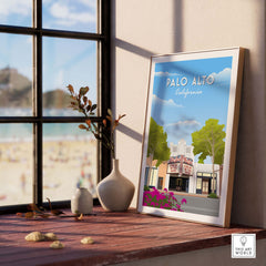 Palo Alto California travel poster print showcasing the iconic Stanford theatre in a stylish frame, perfect for home decor.
