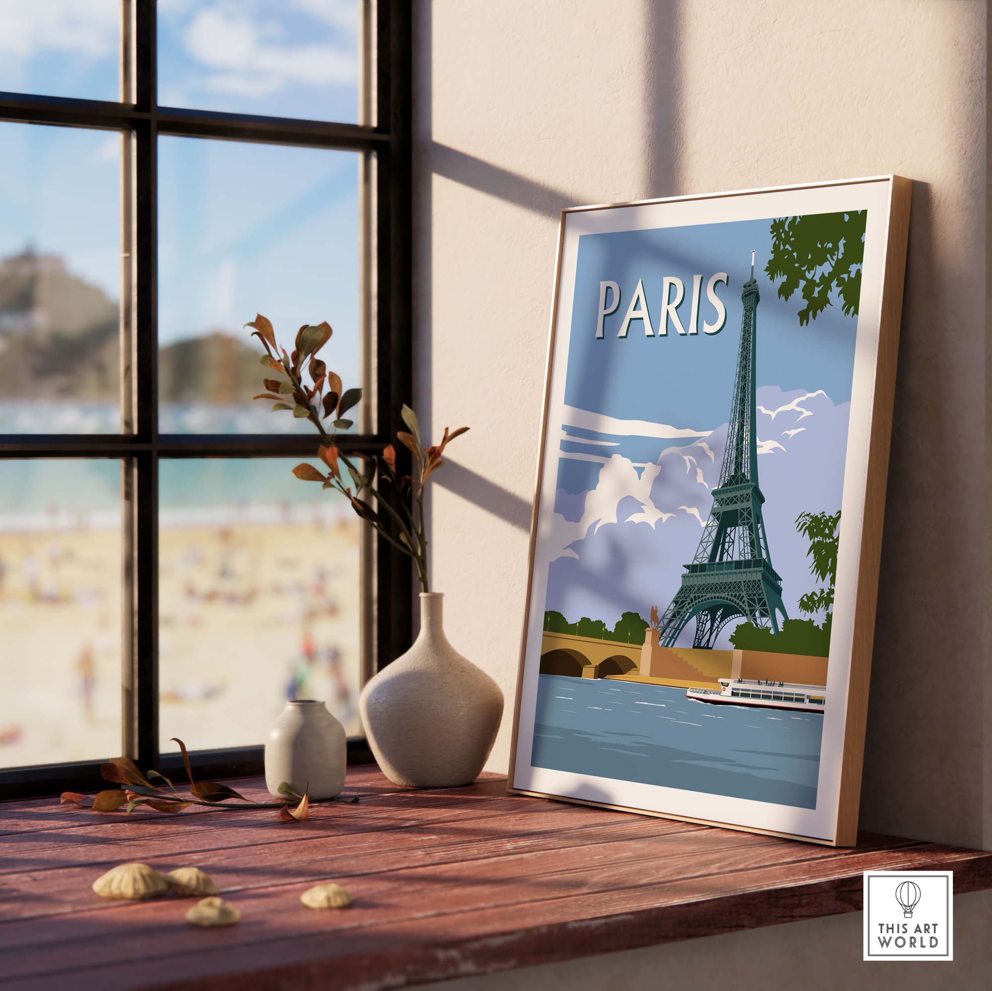 Eiffel Tower Paris travel poster print displayed indoors, showcasing a beautiful view of Parisian scenery.