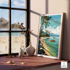 Vibrant Philippines Art Print showcasing tropical beaches and a boat, perfect for beach lovers and travel enthusiasts.