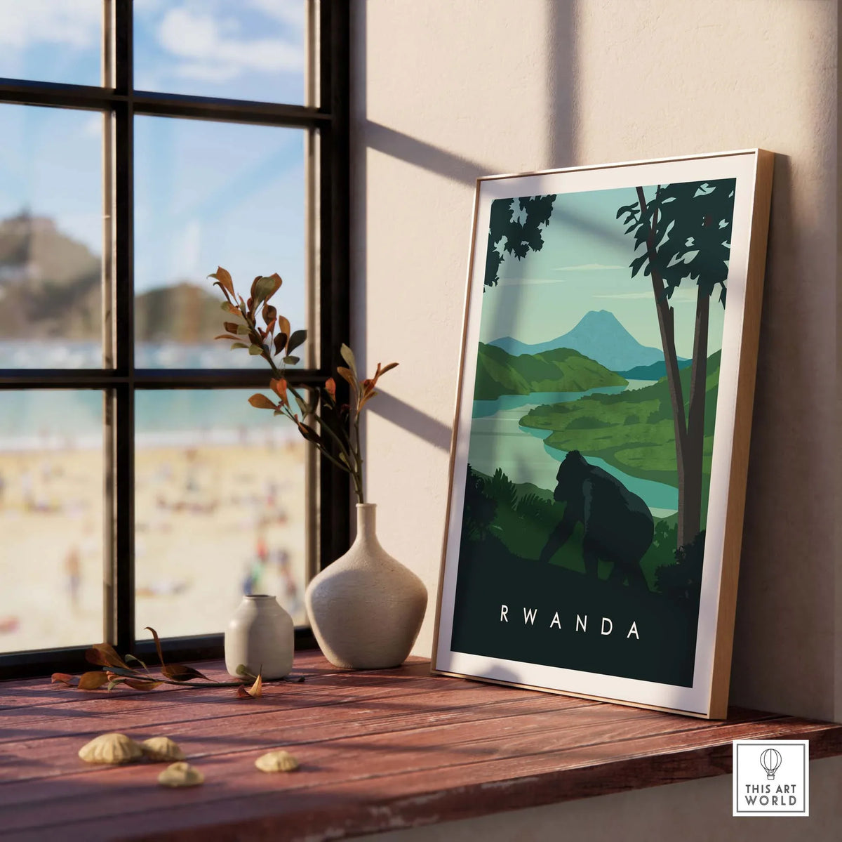 Rwanda travel poster print featuring mountain gorillas and scenic landscapes, perfect for safari-inspired decor.