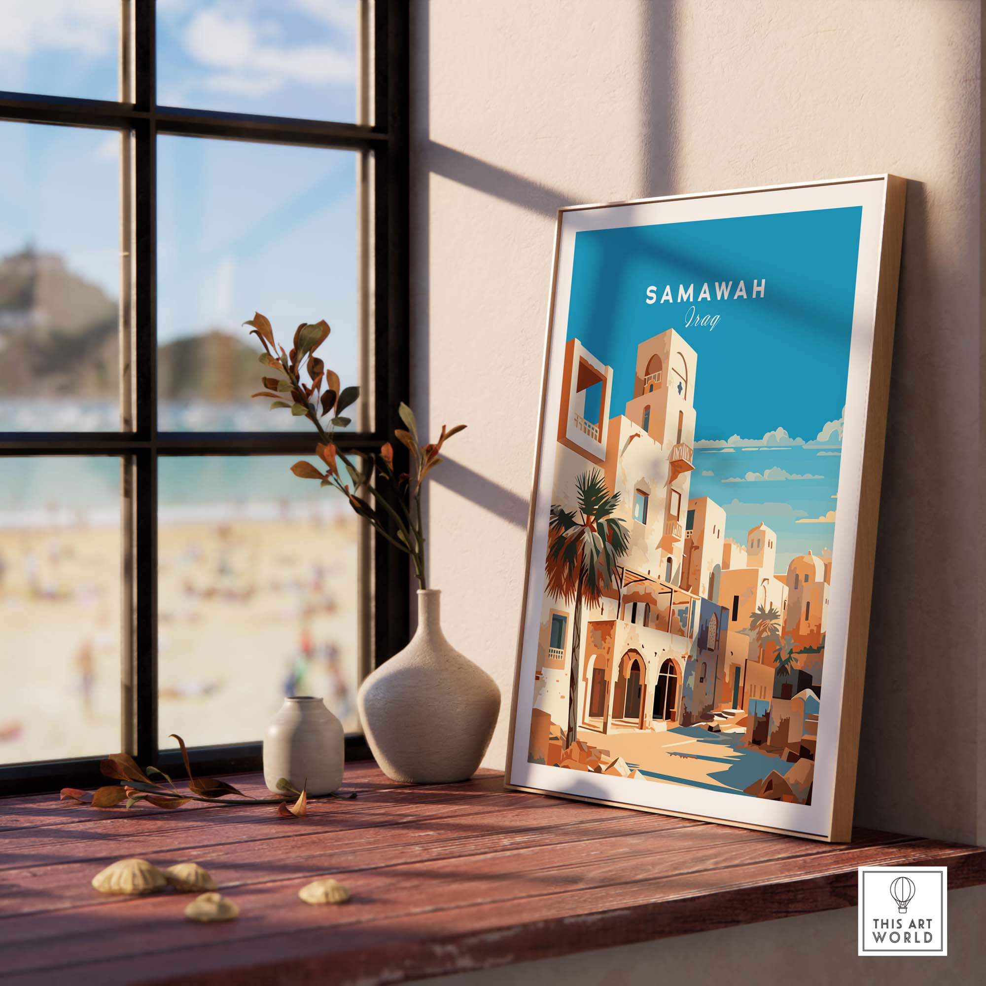Samawah Iraq travel poster print displayed in a sunny interior, showcasing Middle Eastern architecture and  vibrant colors.