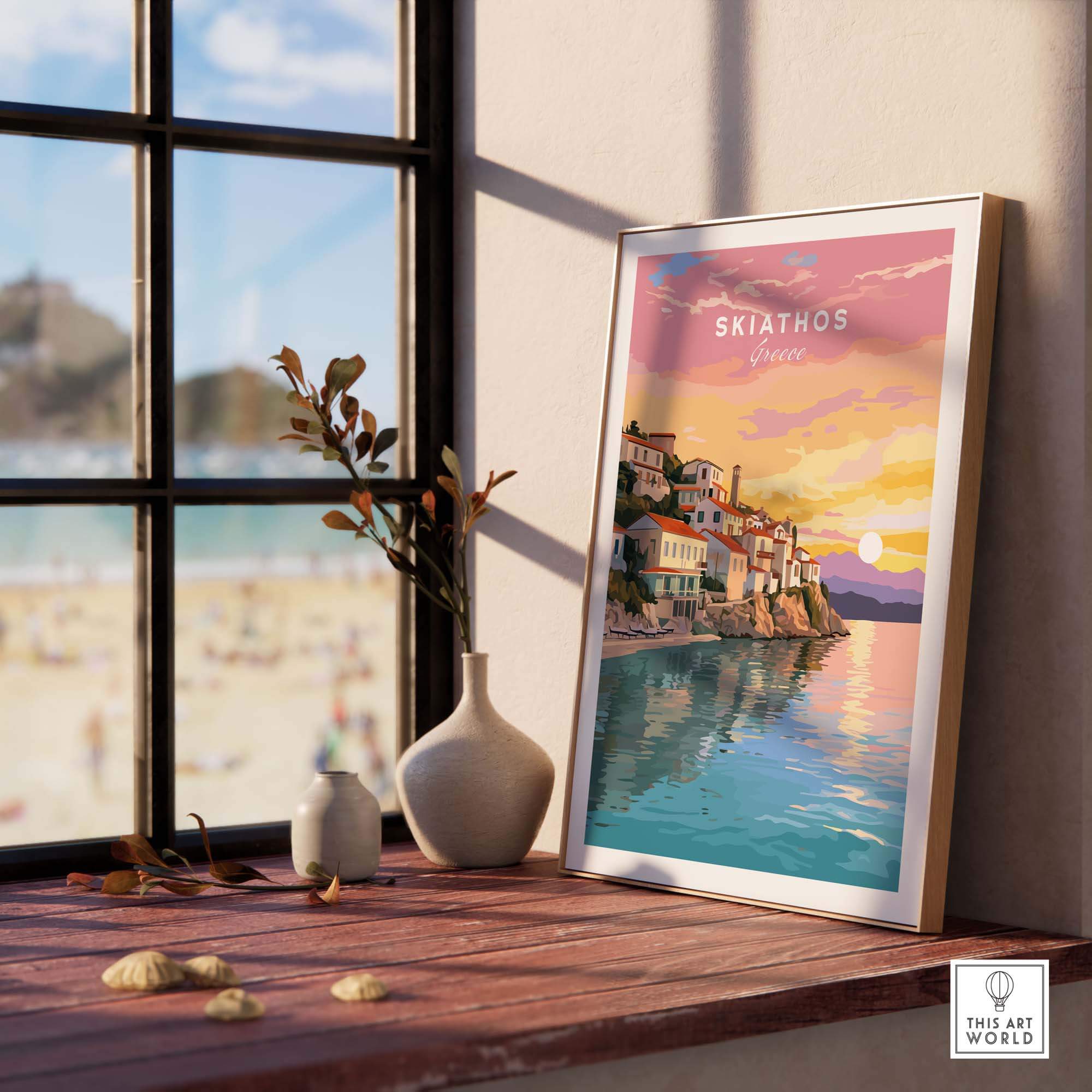 Skiathos Greece travel poster print displayed by a window, showcasing vibrant colors and seaside charm.