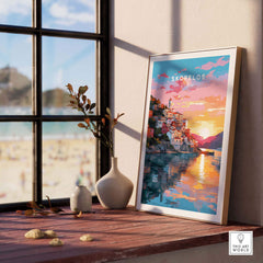 Skopelos Greece travel poster print showcasing colorful island scenery by the ocean, perfect for home decoration.