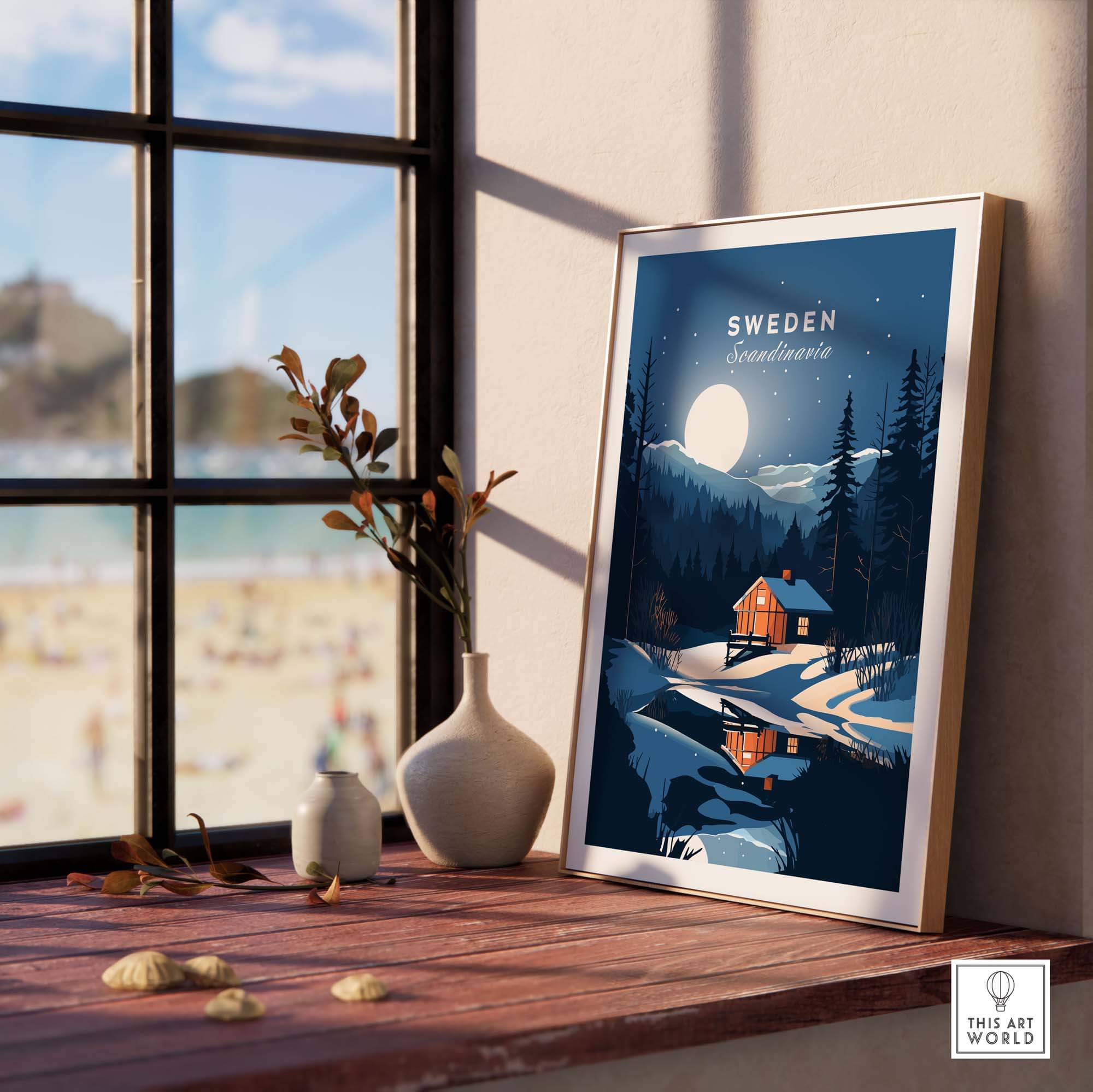 Sweden art print showcasing Scandinavian landscape with a cabin and moonlight, framed elegantly on a windowsill.