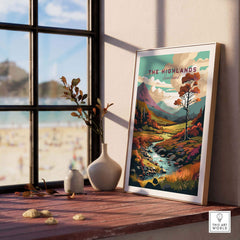 Scottish Highlands wall art showing vibrant scenery, framed on a sunny windowsill with decorative elements.