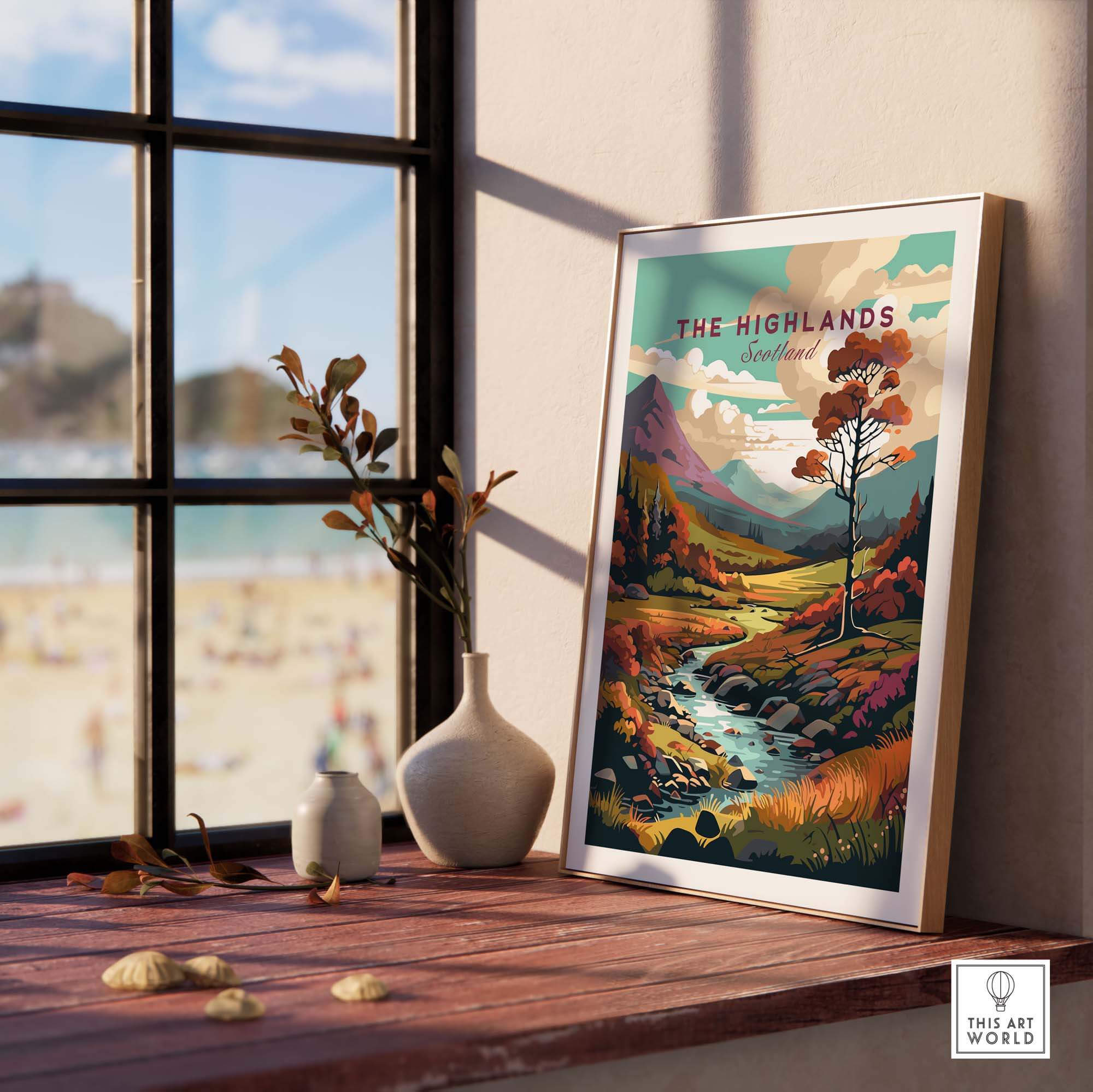 Scottish Highlands wall art showing vibrant scenery, framed on a sunny windowsill with decorative elements.