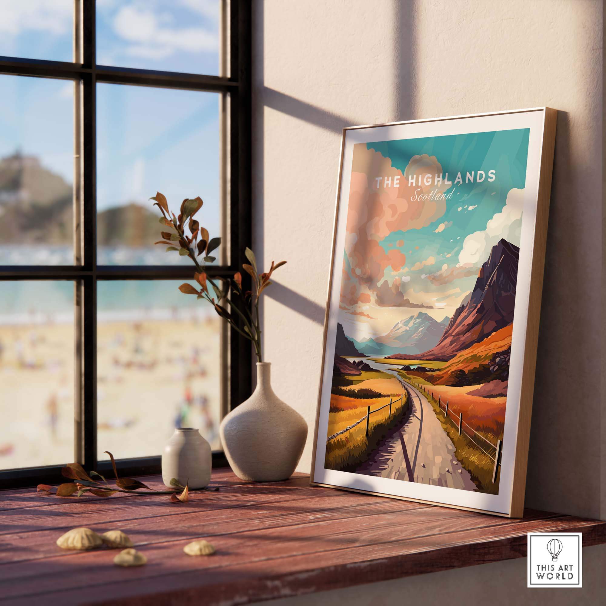 Scottish Highlands art print displayed on a windowsill, showcasing a vibrant landscape with mountains and a clear sky.