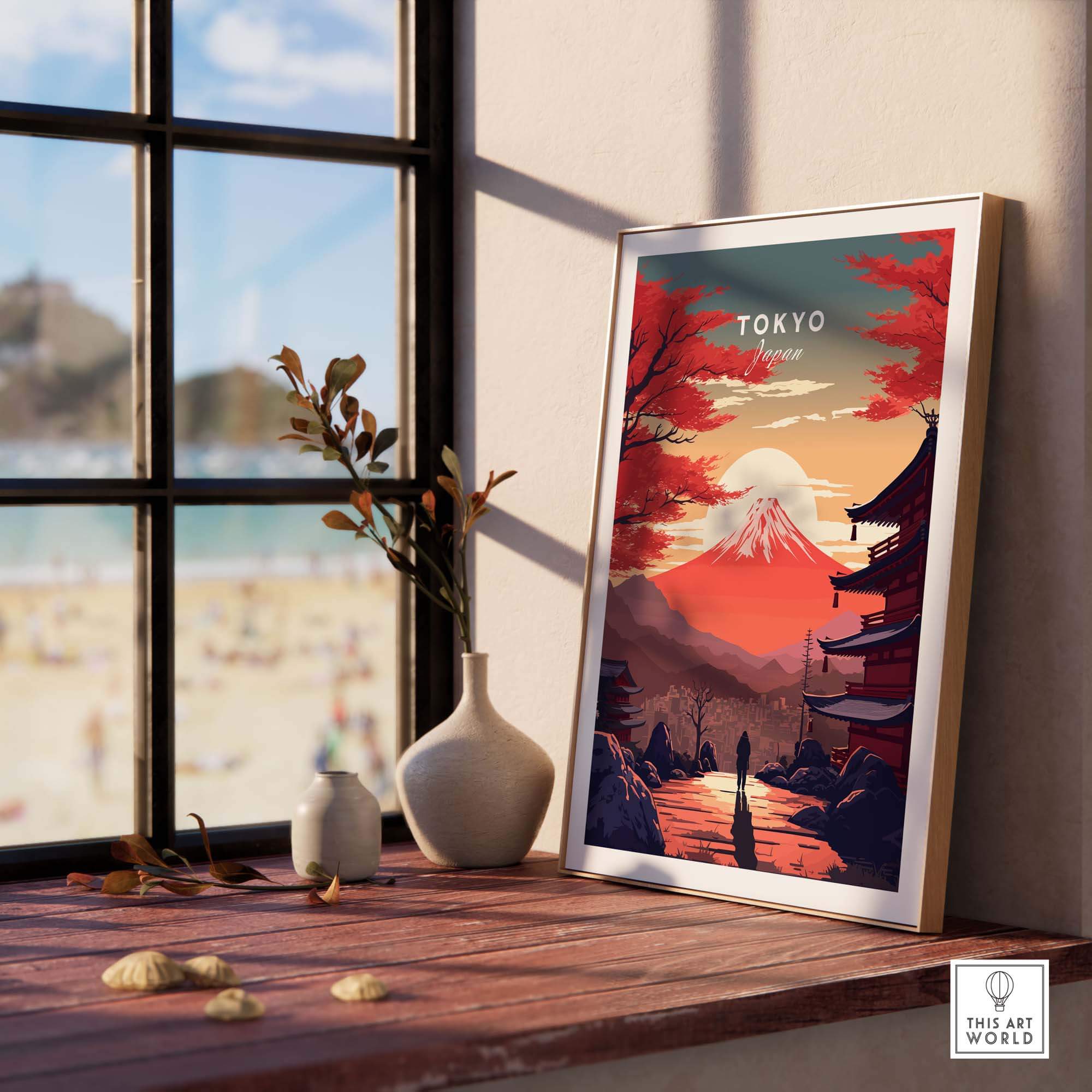 Framed Tokyo wall art featuring Mount Fuji at sunset, perfect for home or office decor.