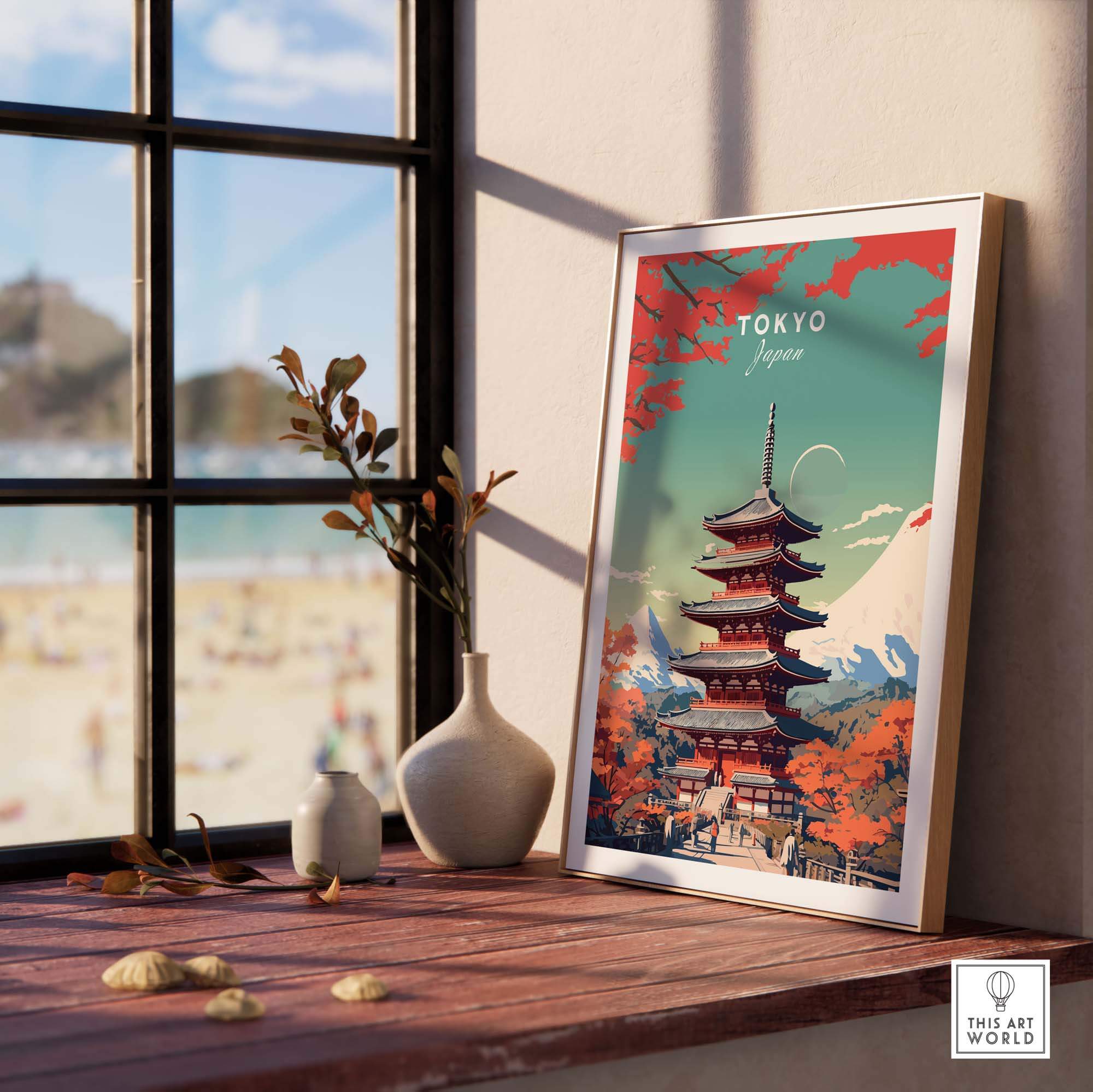 Tokyo Japan poster featuring a pagoda and Mount Fuji in a vibrant, colorful print, perfect for home decor.