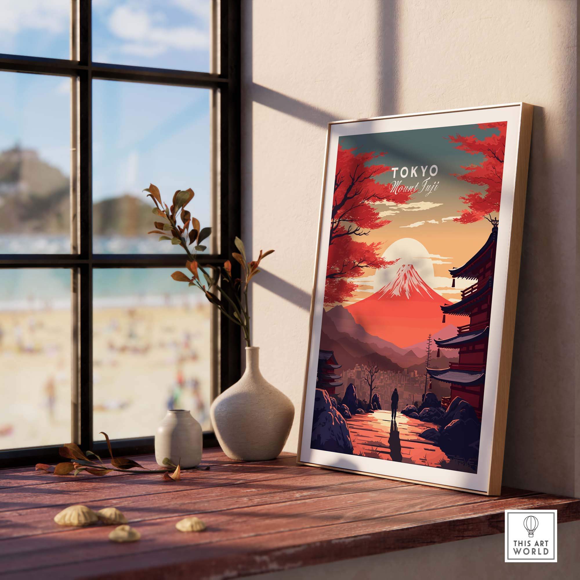 Tokyo Mount Fuji poster displayed in a cozy interior, featuring stunning Japanese scenery and vibrant colors.