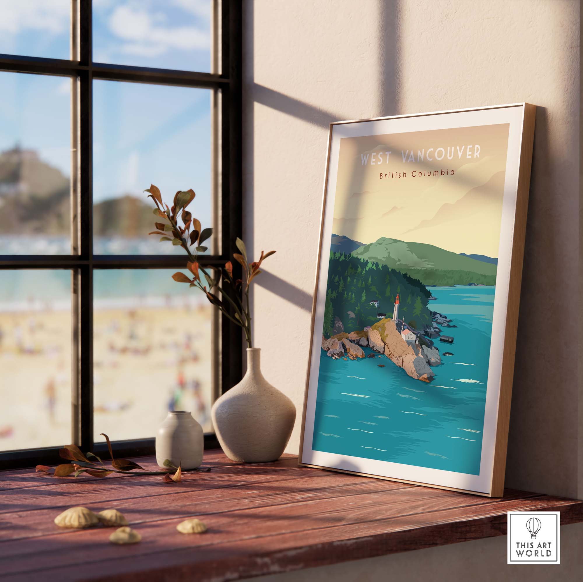 West Vancouver BC travel poster print showcasing vibrant coastal landscape and serene bay with whales.