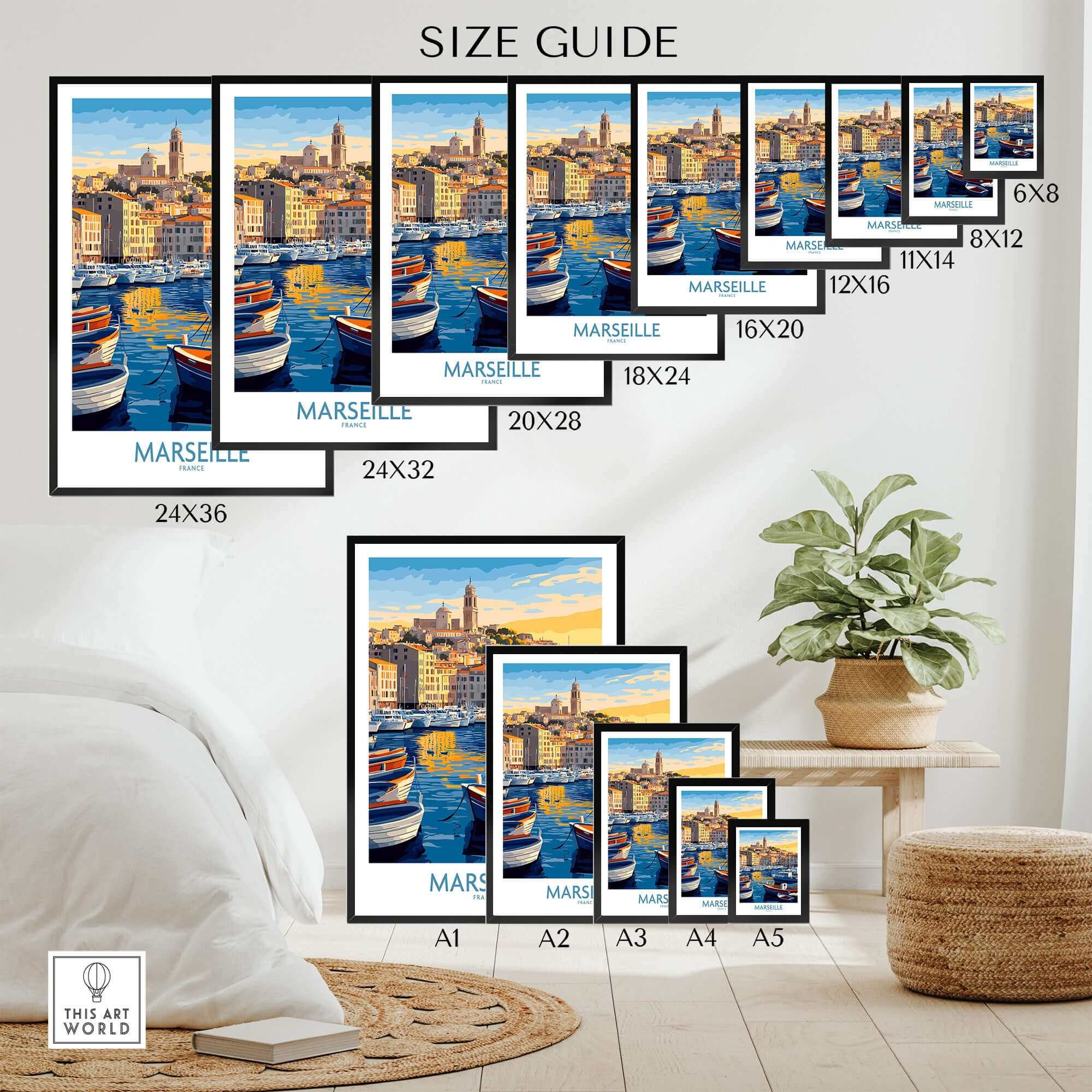 France Travel Poster - Marseille Harbour Print, European City Scene Art size guide with various print sizes displayed.