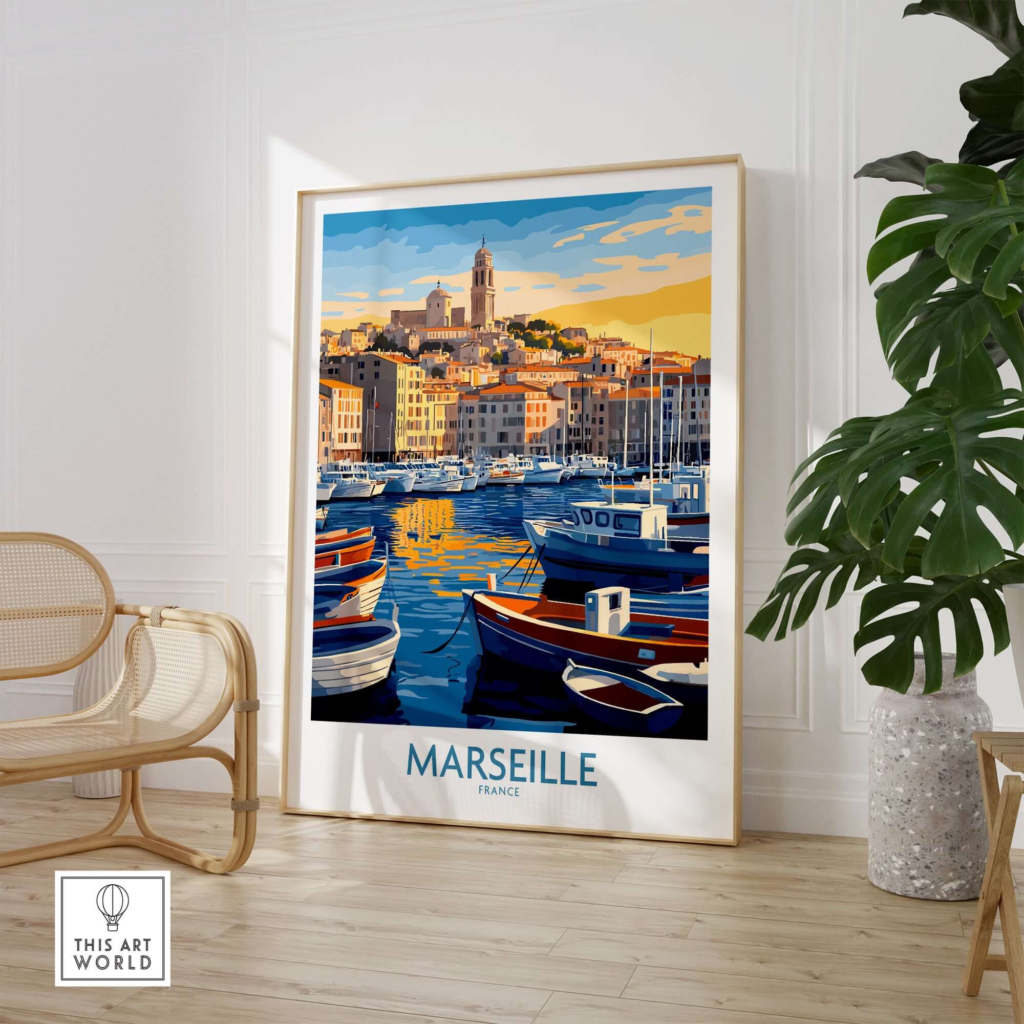 France Travel Poster - Marseille Harbour Print, European City Scene Art featuring colorful boats in the Marseille harbor.