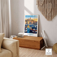 France Travel Poster - Marseille Harbour Print, European City Scene Art displayed in a cozy interior setting.