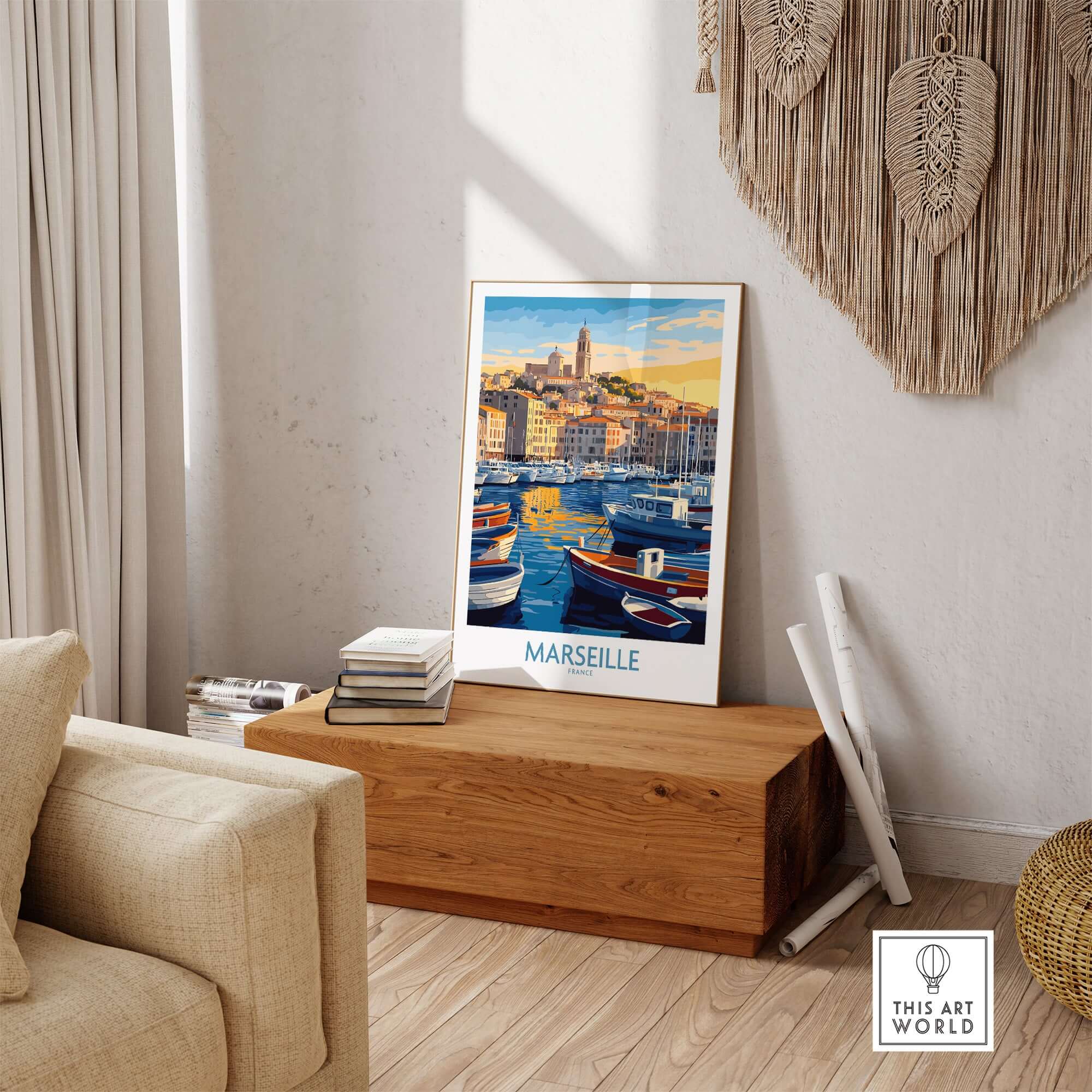France Travel Poster - Marseille Harbour Print, European City Scene Art displayed in a cozy interior setting.