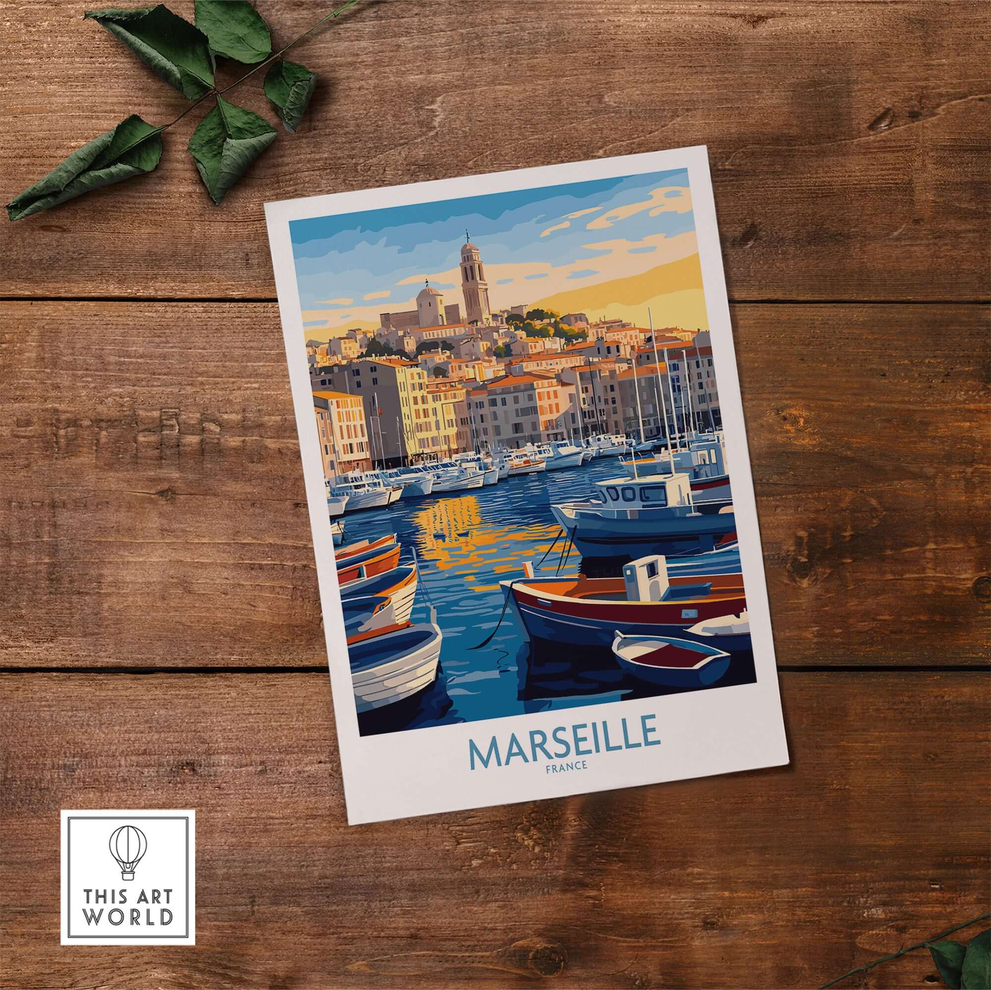 France Travel Poster - Marseille Harbour Print, European City Scene Art featuring colorful boats and historic buildings.