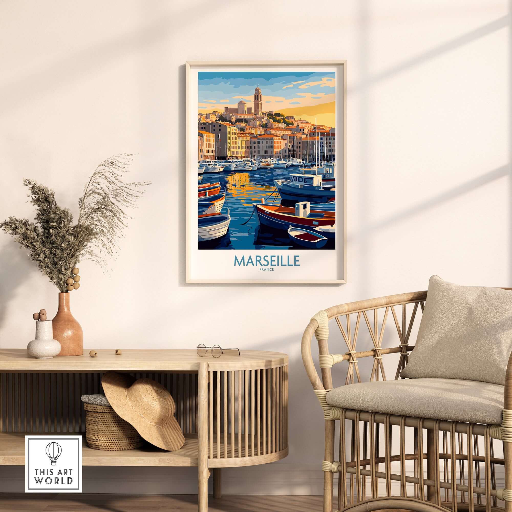 France Travel Poster - Marseille Harbour Print, European City Scene Art in a cozy setting with vibrant boats and scenery.