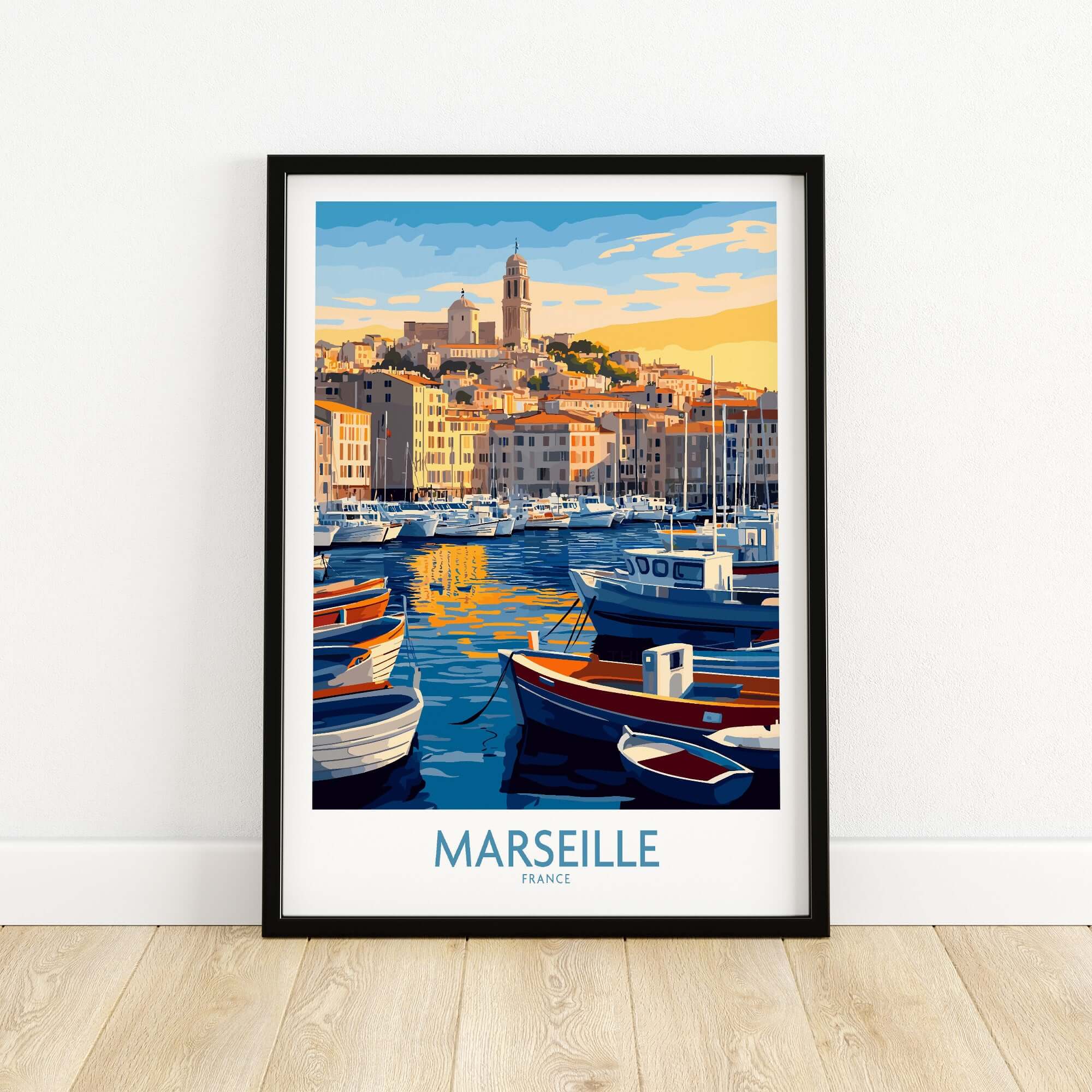 France Travel Poster - Marseille Harbour Print, European City Scene Art featuring colorful boats and historic buildings.