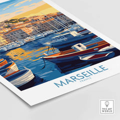 France Travel Poster - Marseille Harbour Print, European City Scene Art featuring vibrant boats and the Marseille harbor.