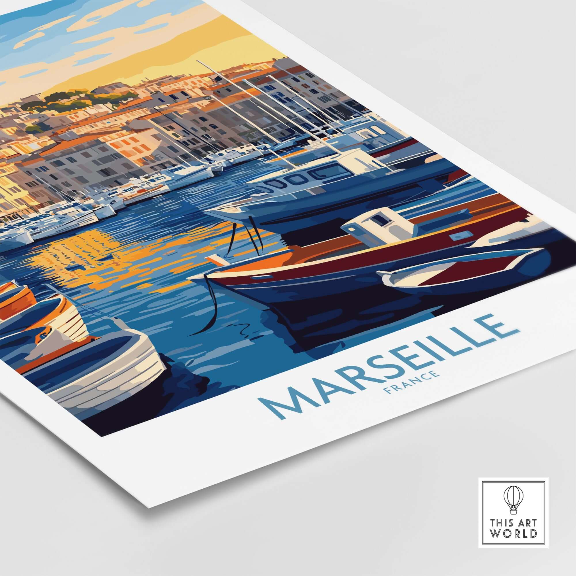 France Travel Poster - Marseille Harbour Print, European City Scene Art featuring vibrant boats and the Marseille harbor.