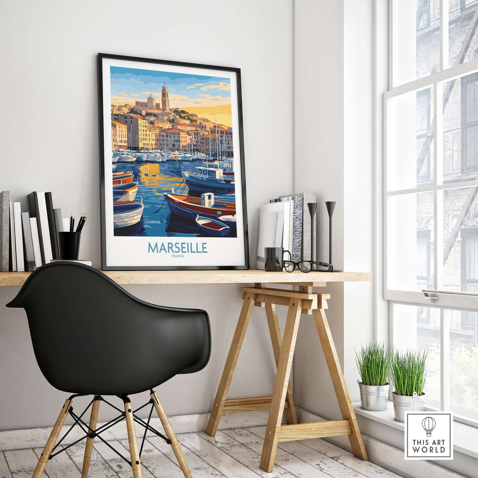 France Travel Poster - Marseille Harbour Print, European City Scene Art featuring colorful boats and a vibrant harbor.