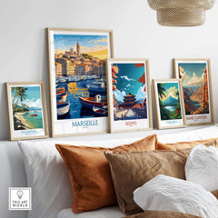 France Travel Poster - Marseille Harbour Print, European City Scene Art displayed among other travel posters.