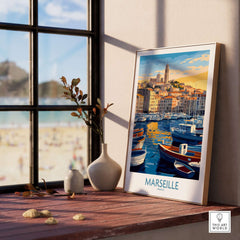 France Travel Poster - Marseille Harbour Print, European City Scene Art displayed in a sunny room with a view of boats.