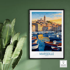 France Travel Poster - Marseille Harbour Print, European City Scene Art featuring colorful boats and historic buildings.