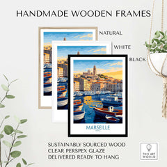 France Travel Poster - Marseille Harbour Print, European City Scene Art displayed in handmade wooden frames.