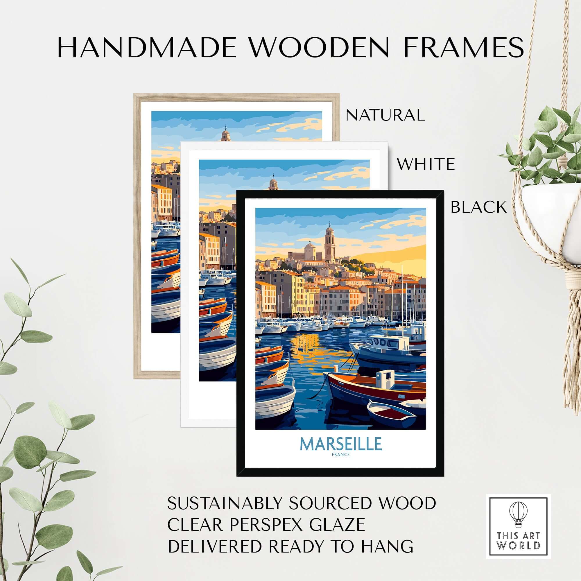 France Travel Poster - Marseille Harbour Print, European City Scene Art displayed in handmade wooden frames.