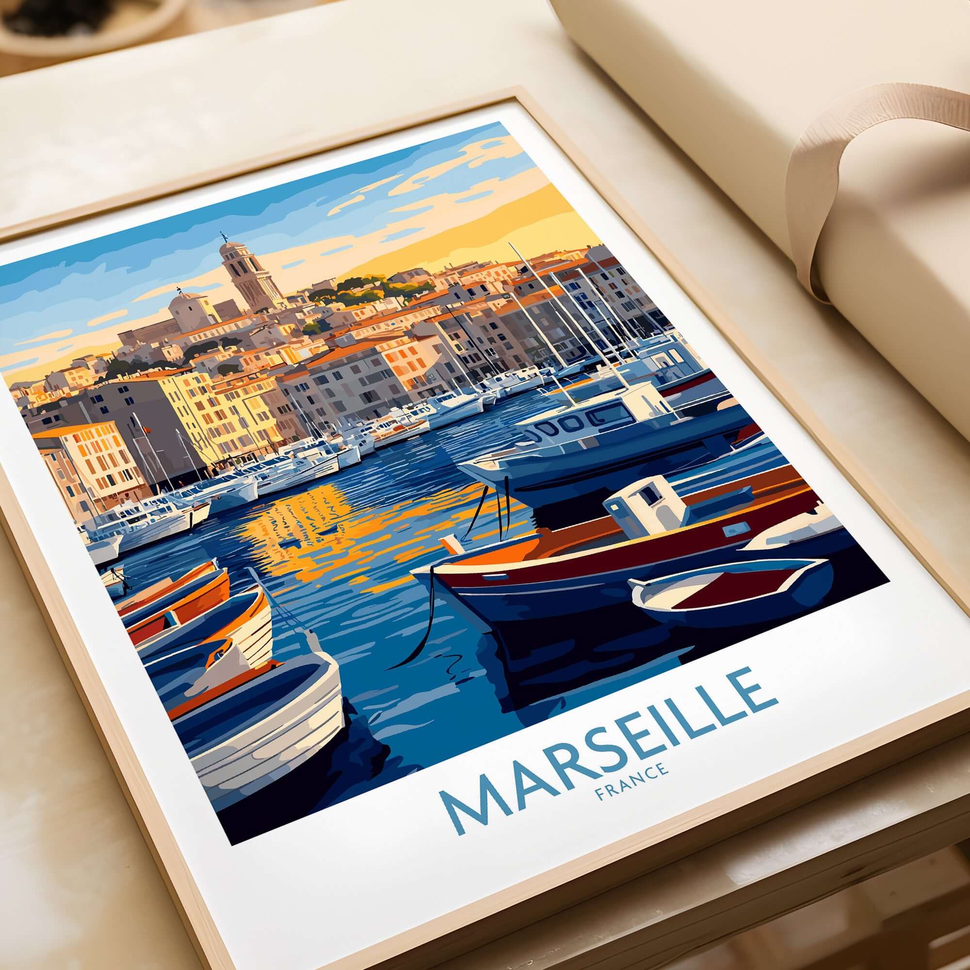 France Travel Poster - Marseille Harbour Print, European City Scene Art showcasing colorful boats and vibrant harbor.
